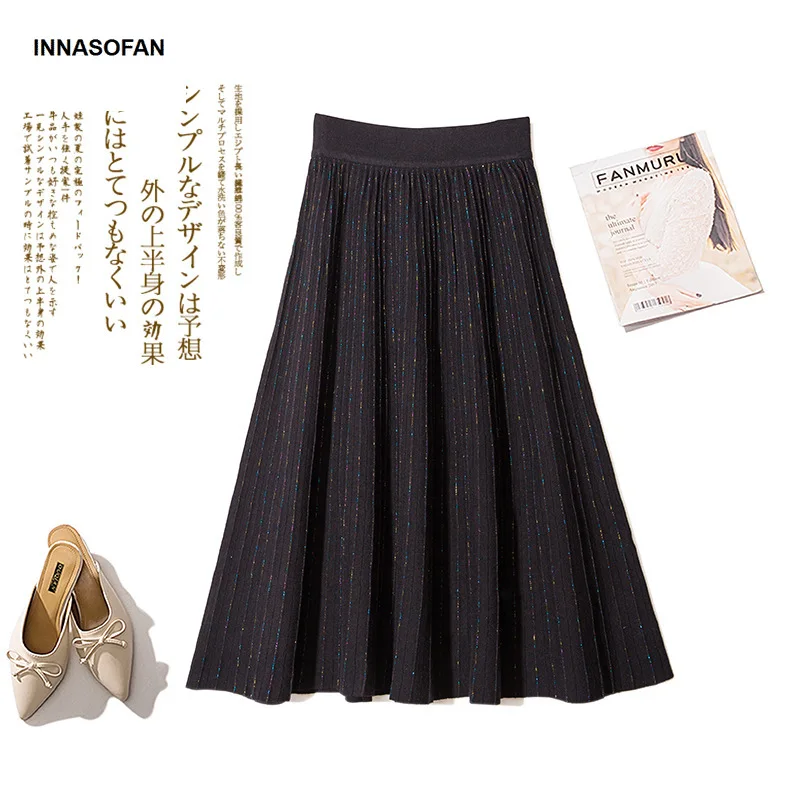 INNASOFAN женская трикотажная юбка Осень зима плиссированная блестящая с высокой