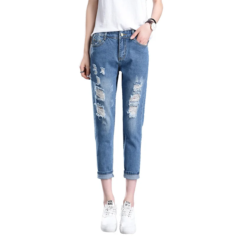 

2018 stretch elastic high waist sexy broken torn ripped Jeans fashion woman denim pants women's trousers femme Cheap wholesale