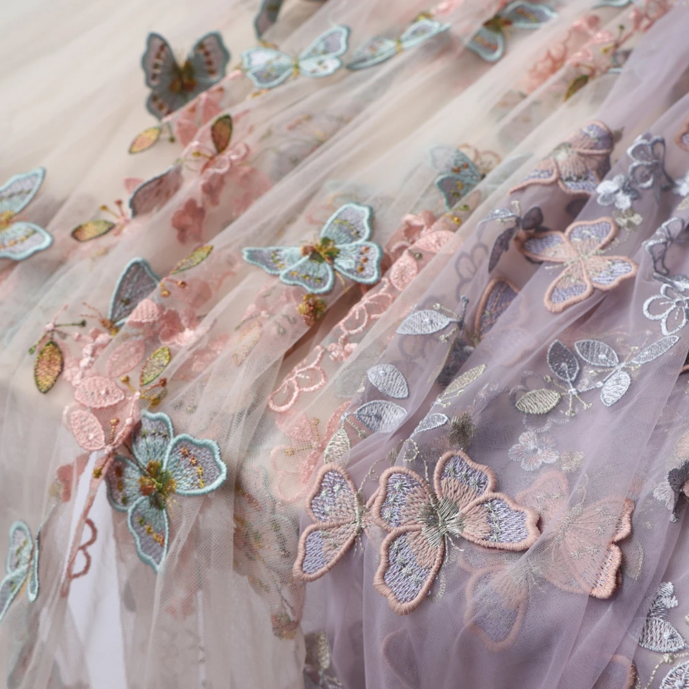 

High quality mesh fabric Three dimensional Butterfly Embroidery tissu dress small gift clothing headdress fabrics