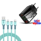 Адаптер постоянного тока QC3.0, 30 Вт, мобильный телефон, зарядное устройство со светодиодным дисплеем для телефона 3 в 1, зарядный кабель Type-C Micro USB 8 Pin для Samsung Huawei