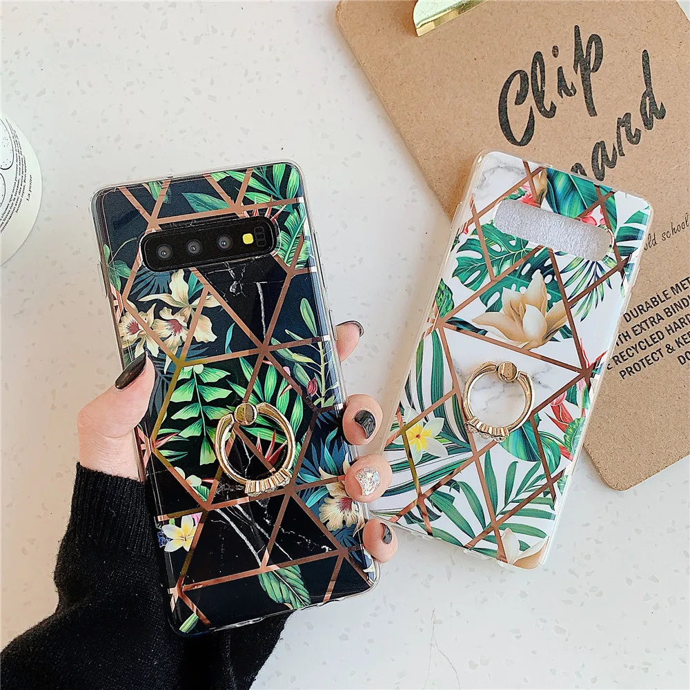 

Electroplate Splicing Flower Ring Holder Case For Samsung Galaxy S8 S9 S10 Plus Note 8 9 10 Plus A10 A20 A30 A50 A70 Soft Cover