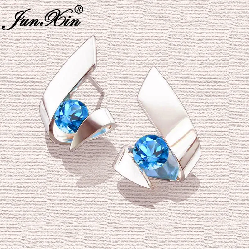Irregular Purple Blue White Yellow Crystal Geometric Stud Earrings For Women 925 Silver Color Round Zircon Stone Earring Jewelry