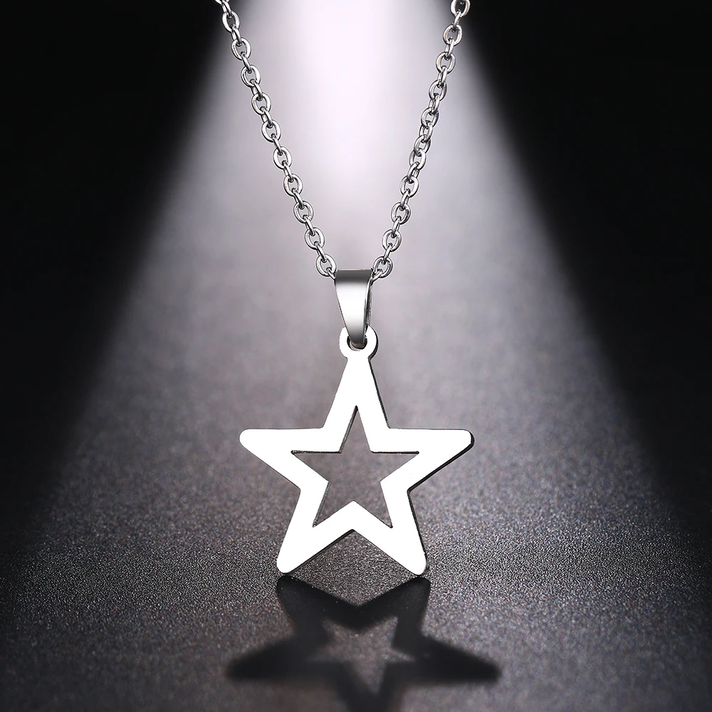 

2021 Fashion Stainless Steel Star Long Pendant Necklace For Women Classic Hollow Star Choker Necklace New Year Jewelry