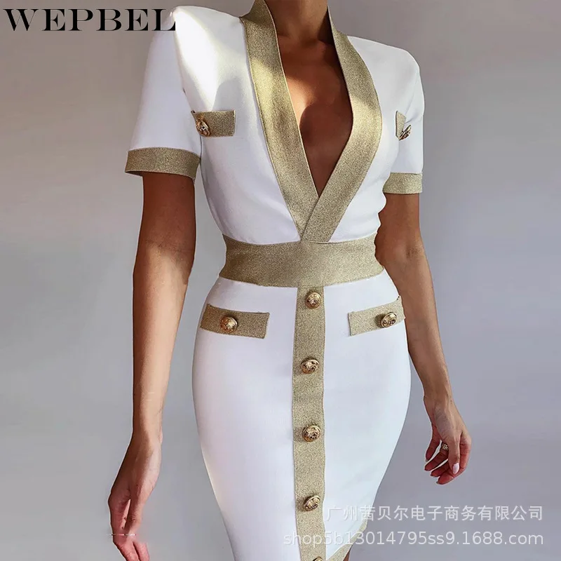 

Mandylandy Women's Elegant Button Bodycon Dress Office Lady Short Sleeve V Neck High Waist Corset Slim Fit Pencil Dress