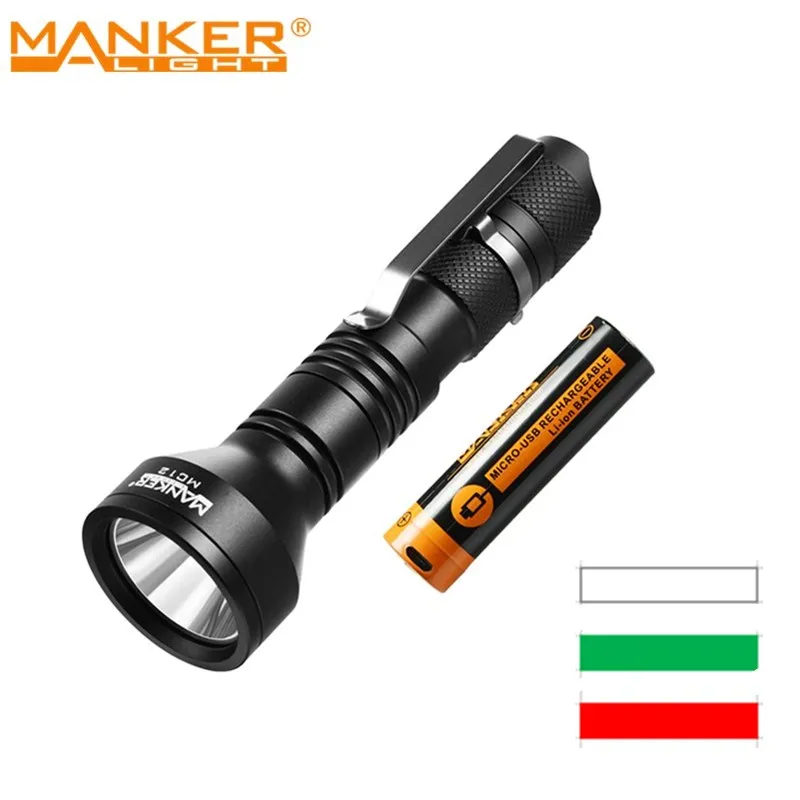 Карманная светодиодсветильник вспышка Manker MC12 (белый/зеленый/красный свет) + USB