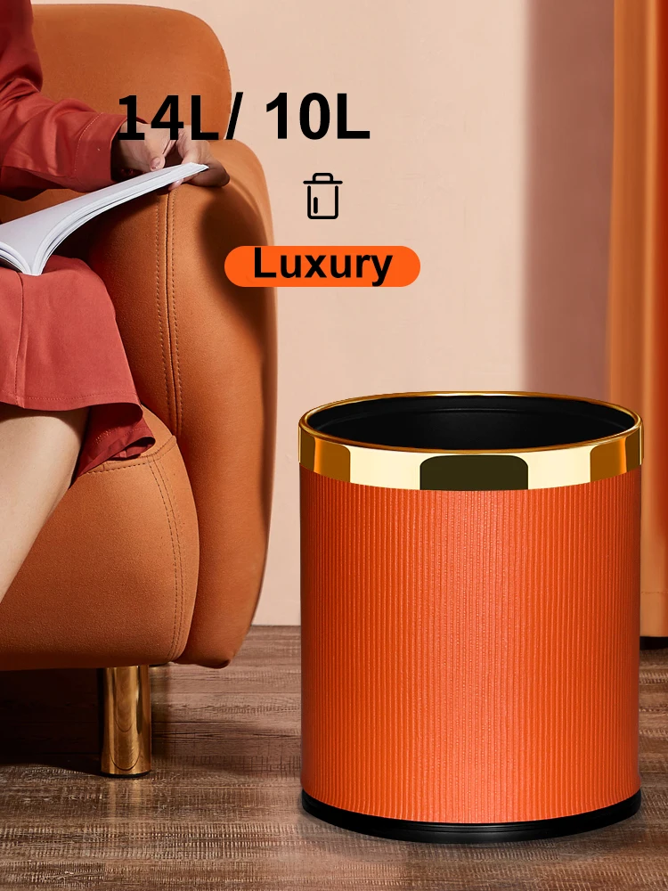 

Легкая Роскошная мусорная корзисветильник из нержавеющей стали, большая кожаная корзина для мусора в европейском стиле для кухни, туалета, ...