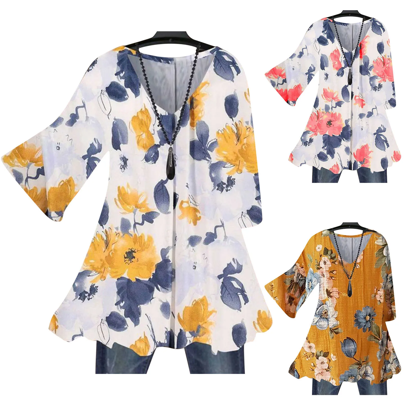 

Женская блузка с длинным рукавом, V-образным вырезом и цветочным принтом