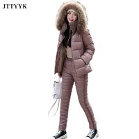 fashion two piece outfits for women long sleeve hooded coat and cotton pants new winter parka ladies solid thick casual suit set