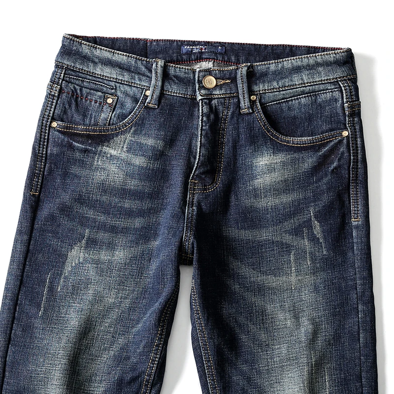 Мужские утепленные джинсы из денима эластичные облегающие синие с