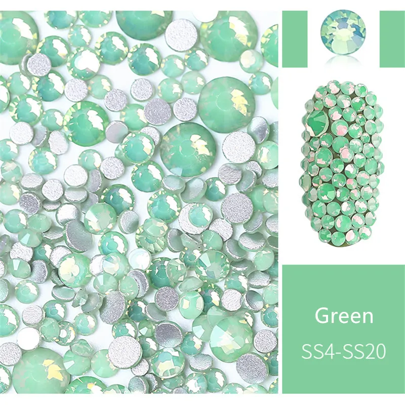 Green 1 упаковка, разные размеры, SS4-SS20, опаловые Стразы для ногтей с плоским дном, цветные Хрустальные стеклянные драгоценные камни для DIY, УФ-гель, 3D дизайн ногтей, украшения - Цвет: Green