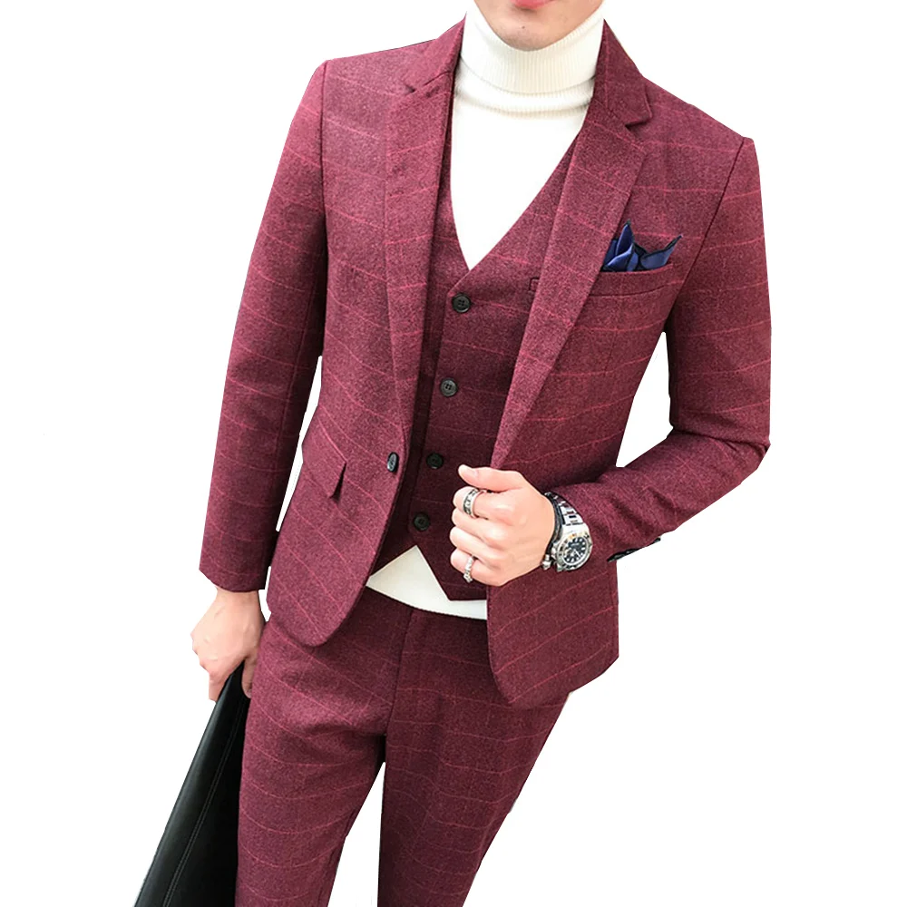 

Men Plaid Suits 3 Piece Suits One Button Blazer Jacket Coat Pant Vest M-5XL Slim Fit Dress Casual Business Wedding Party
