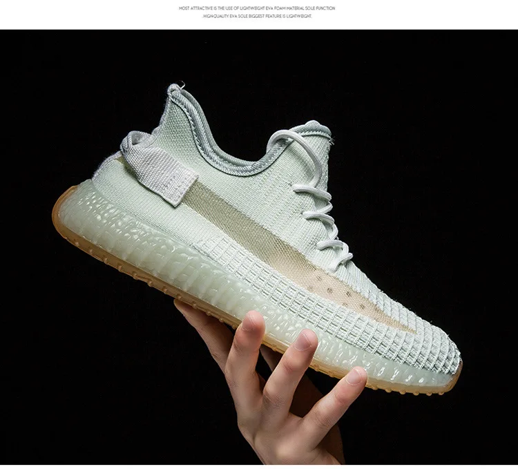 Men's handmade breathable flying woven running striped lace soft bottom sneakers trend wild fashion casual flat shoes - Цвет: Бежевый