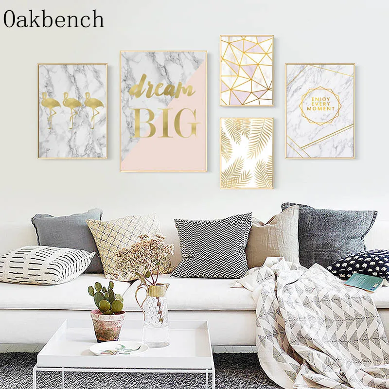 Абстрактный плакат желтое художественное полотно Фламинго лист мрамор печать