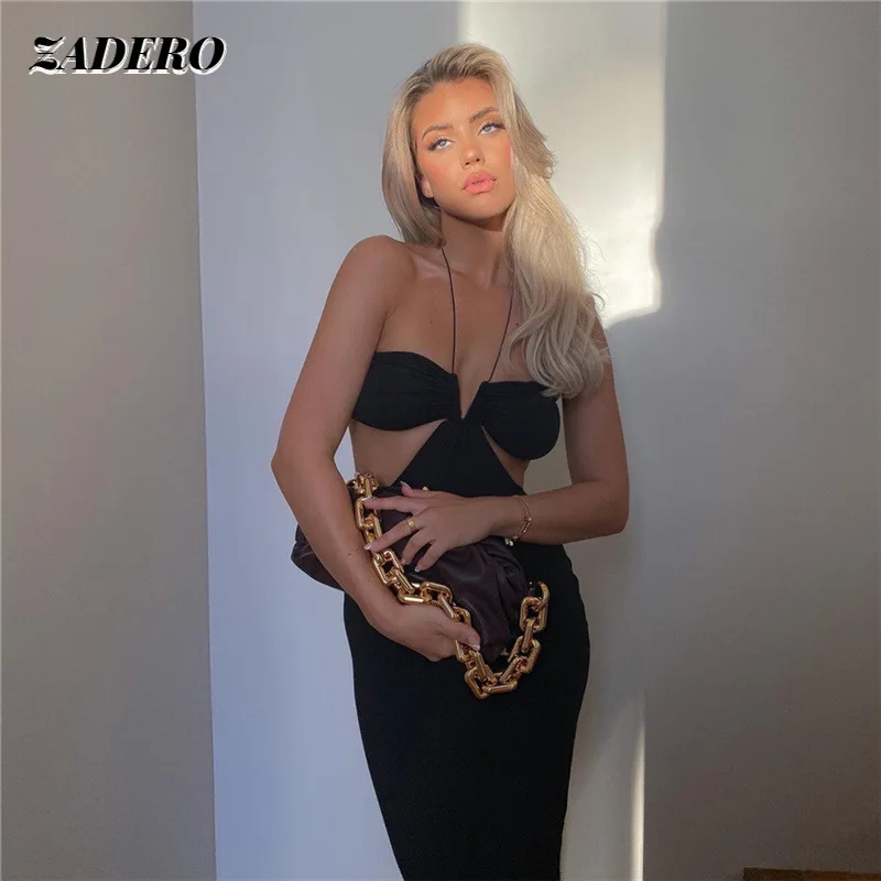 

Sexy Backless Spaghetti Strap Halter Bodycon Black Midi Dress for Women 2022 Summer Elegant Bandage Sleeveless Party Dresses