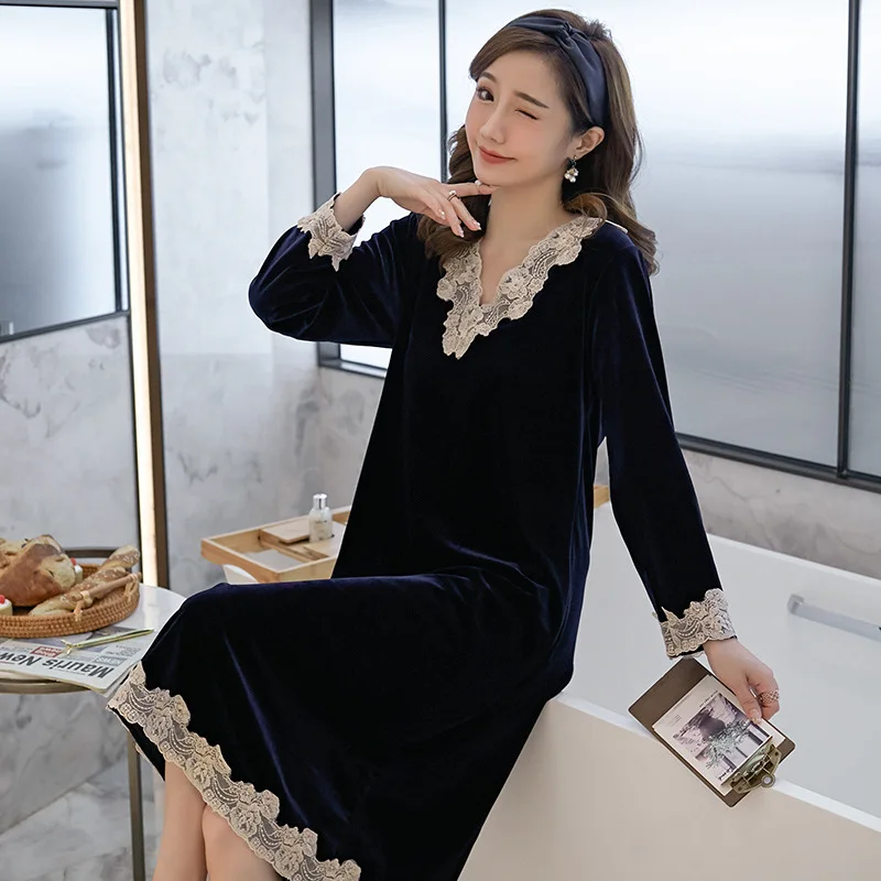 

Velvet Sleepwear Women Sleep Dress V-neck Nightdress Velour Nightgown Nightwear 2020 Autumn New Intimate Lingerie Homewear