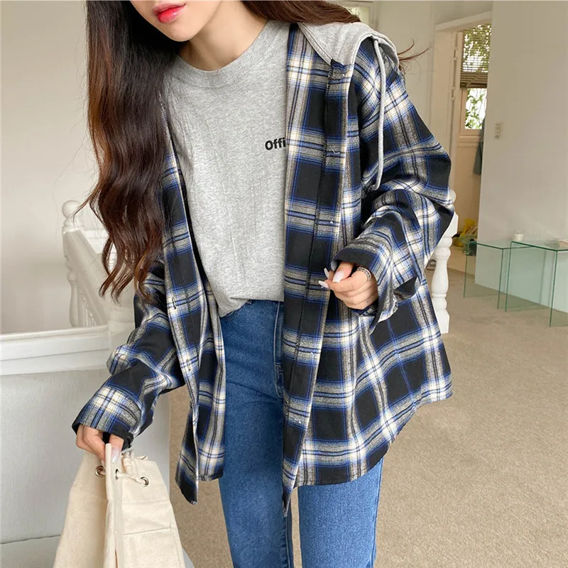 

Chic Patchwork Plaid Blouse Women 2021 Spring Vintage Hooded Shirt Female Loose Long Sleeve Casual Tops Ladies