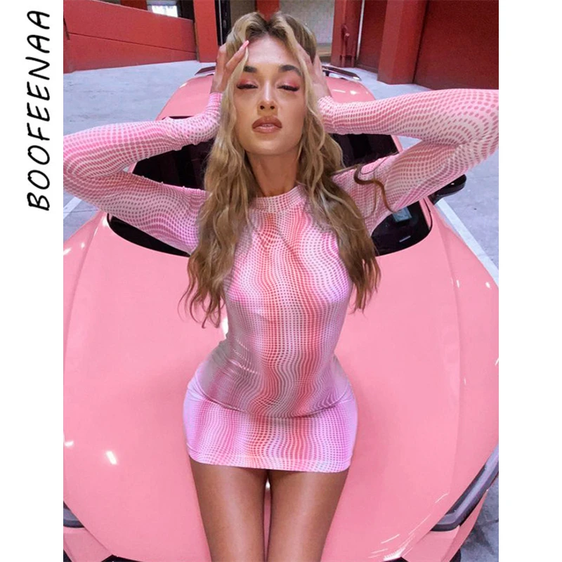 

BOOFEENAA Pink 3D Printed Bodycon Dresses for Women 2021 Fall Winter Fashion Clubwear Brithday Long Sleeve Mini Dress C70-BB16