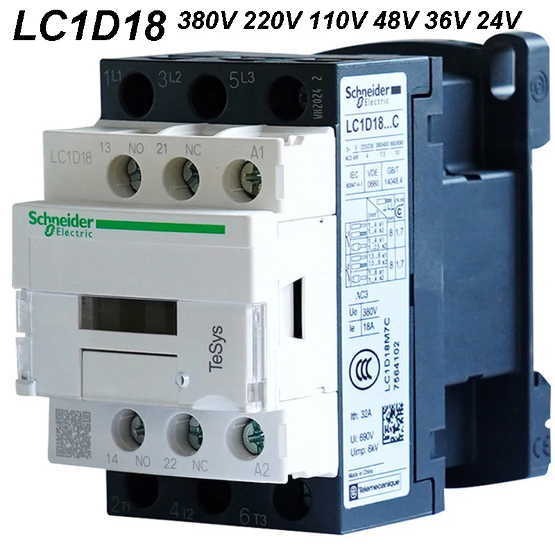 

LC1D18 Schneider AC Contactor 3P 18A Coil Voltage 24V 36V 48V 110V 220V 380V LC1D18 B7C CC7C E7C F7C M7C Q7C 1NO+1NC Contactor