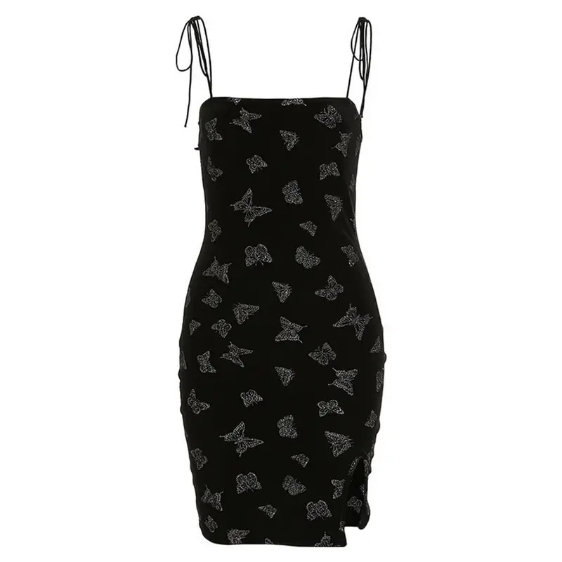 

2021 V Neck Sleeveless Women Sexy Mini Dress Split Summer Backless Spaghetti Strap Short Dresses Ladies Butterfly Printed Beach