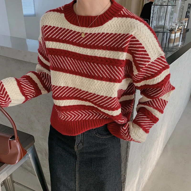 

Hzirip 2020 Autumn New Women Knitted Sweater Female Pullover Tops Casual Office Lady O-Neck Contrast Loose Concise Sweet Fashion