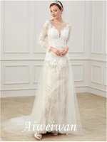 sheath column wedding dresses sweep brush train lace tulle long sleeve formal boho plus size with draping appliques 2021