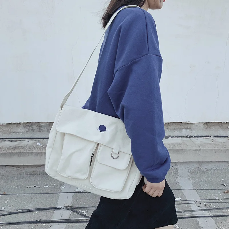 

Женская Холщовая Сумка через плечо, с вышивкой планеты, в японском стиле