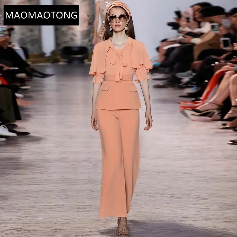 

New 2021 Summer Set Women Cloak O-neck Short-sleeve Sashes Slim Top＋Stretch Wide-leg Trousers Fashion Three-piece Suit
