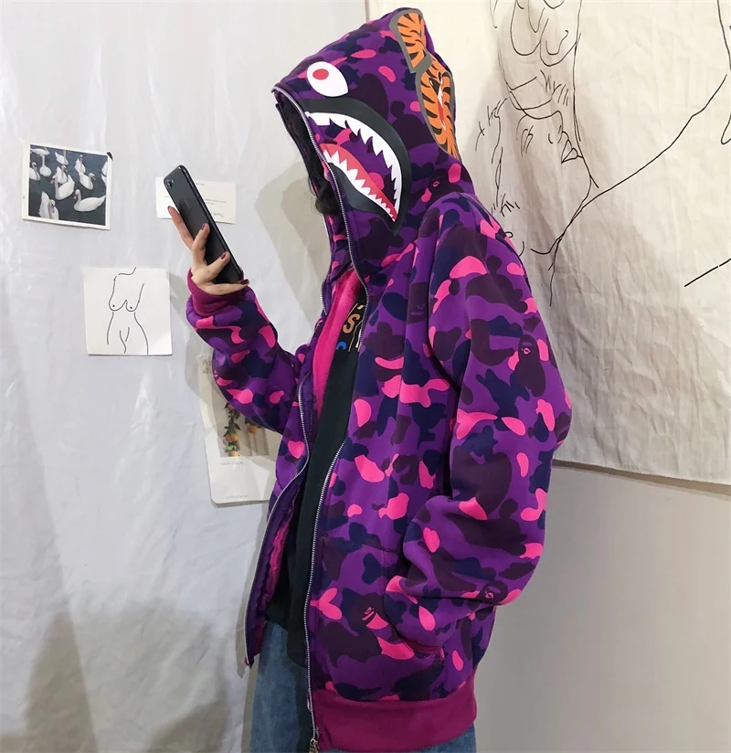

Japanese Shark Camouflage Hoodies Women Sweatshirts Female Girl Early Autumn Harajuku Hip-Hop Loose Couple Leisure Women Hoodie