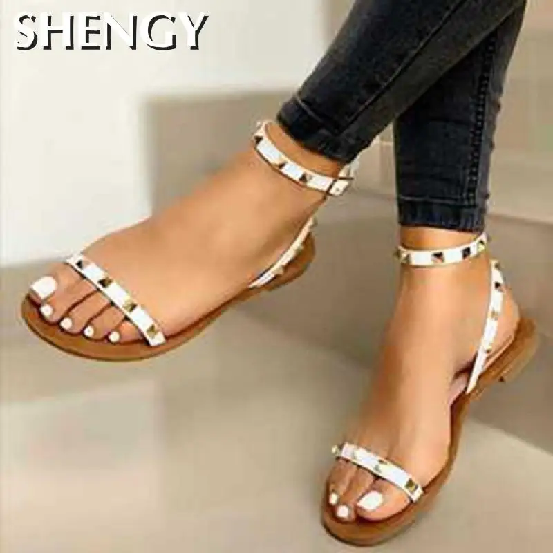 Женские сандалии гладиаторы на плоской подошве пляжные с открытым носком и
