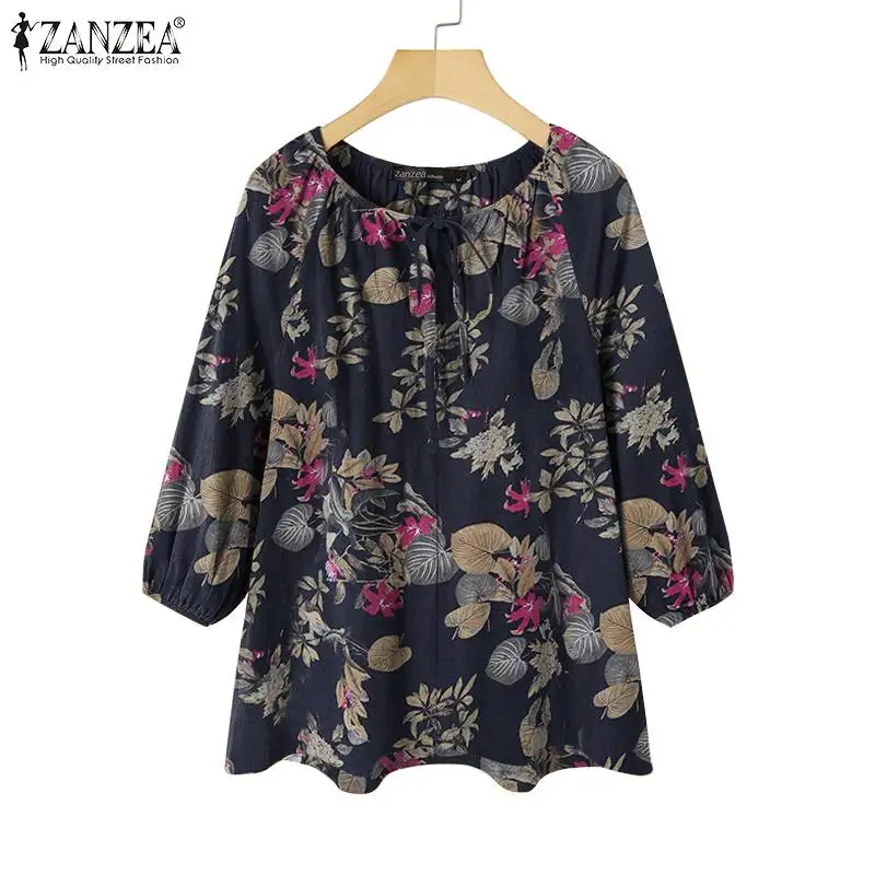 

Women Vintage Blouse Shirt 2022 Spring Summer Printed 3/4 Sleeve Top Blusa ZANZEA Oversized Casual Loose Bandage Blusa Femininas