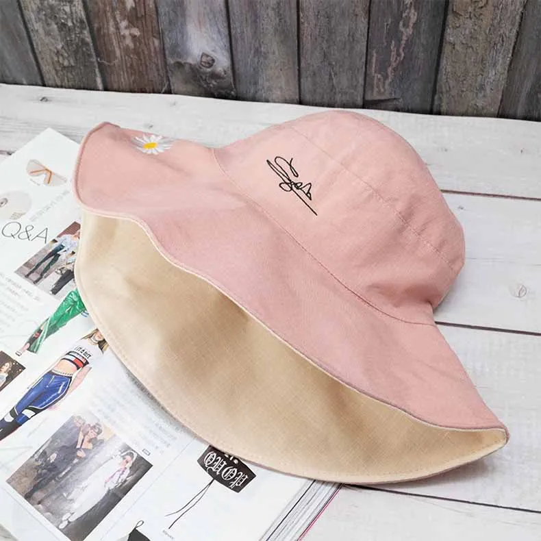 Spring Summer Autumn Sun Hat Polyester Bucket Hat Women Panama Double-sided Chrysanthemum Embroidered Hat Daisy Fisherman Hat