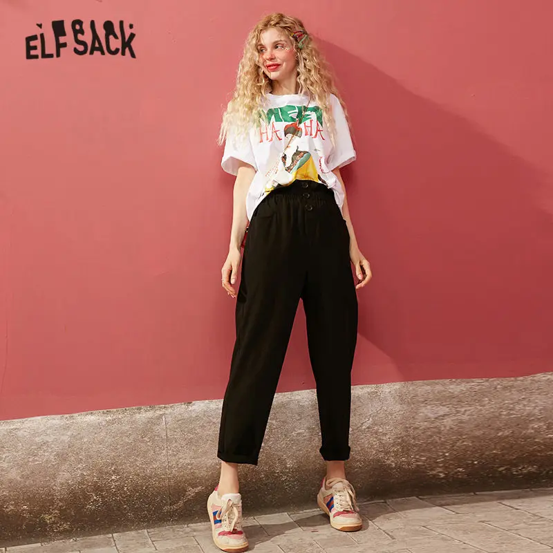 Женские прямые брюки ELFSACK черные однотонные повседневные с эластичной резинкой