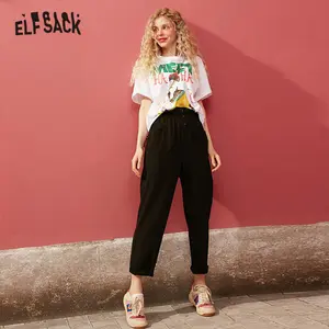 Женские прямые брюки ELFSACK, черные однотонные повседневные брюки с эластичной резинкой на талии, базовые весенние брюки в Корейском стиле, 2020