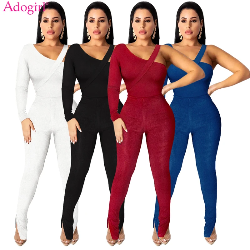 

Adogirl Solid Knitted Two Piece Set Women Straps One Shoulder Long Sleeve Bodysuit Top High Waist Split Flare Pants Casual Suits