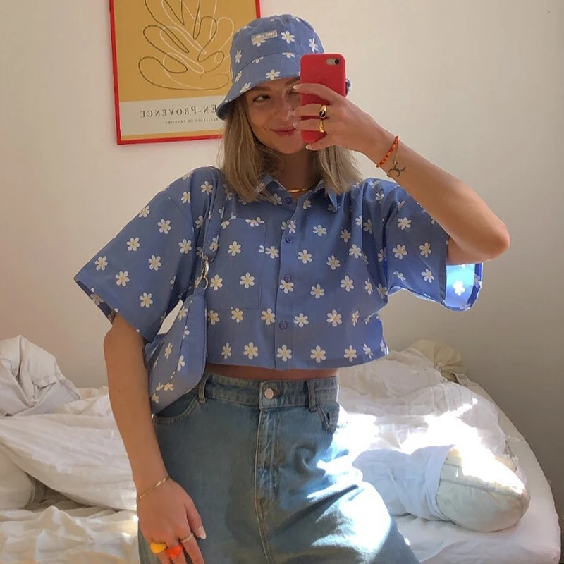 

Y2K Floral Print Single-breasted Shirt Women Cute Harajuku Short Sleeve Turn-down Collar Blouse Crop Tops Summer 90s Iamhotty