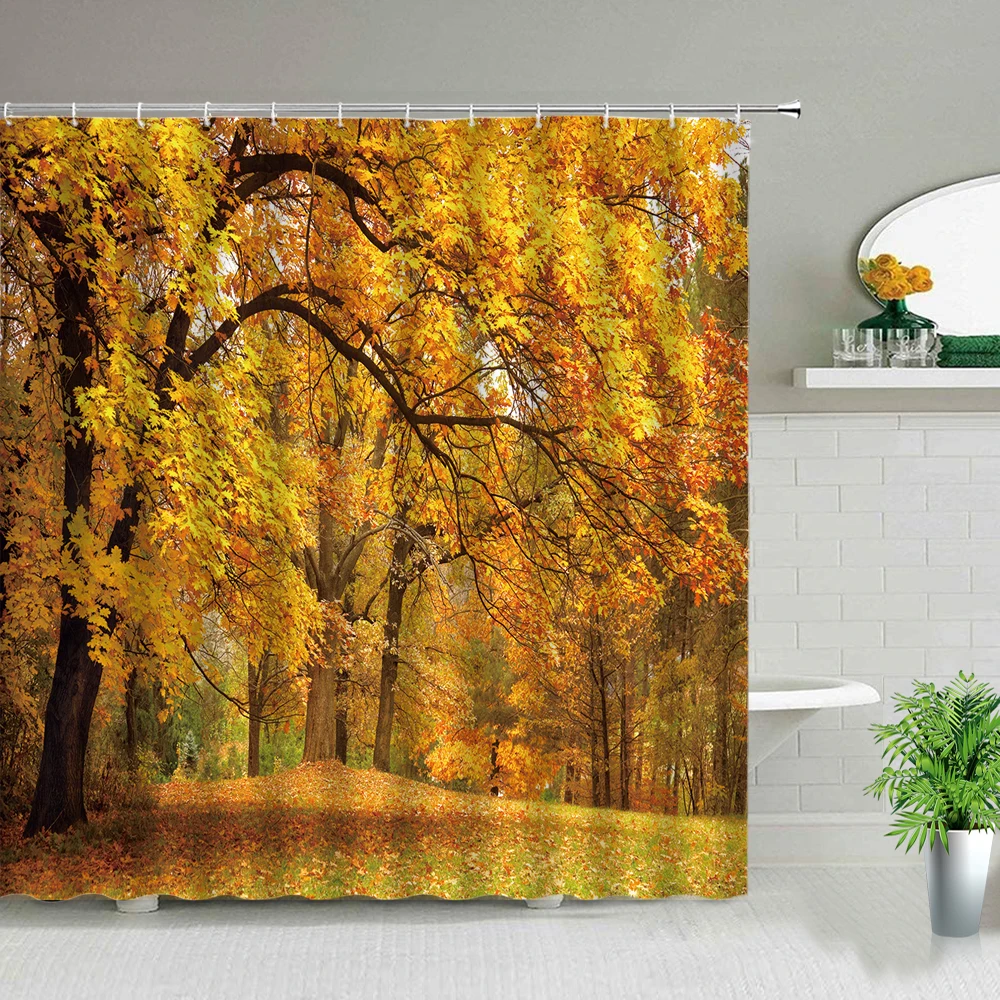 

Fall Forest Shower Curtain Autumn Maple Trees Woodland Sunshine Nature Scenery Gold Red Yellow Polyester Bathroom Curtains Decor