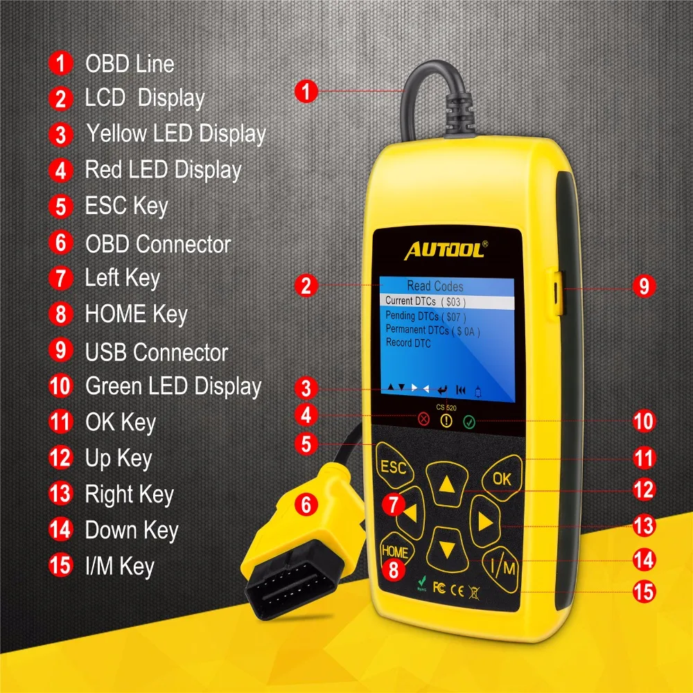 AUTOOL CS520 автомобиль OBD 2 код ридер CAN BUS с цифровой светодиодный дисплей OBD2 сканер