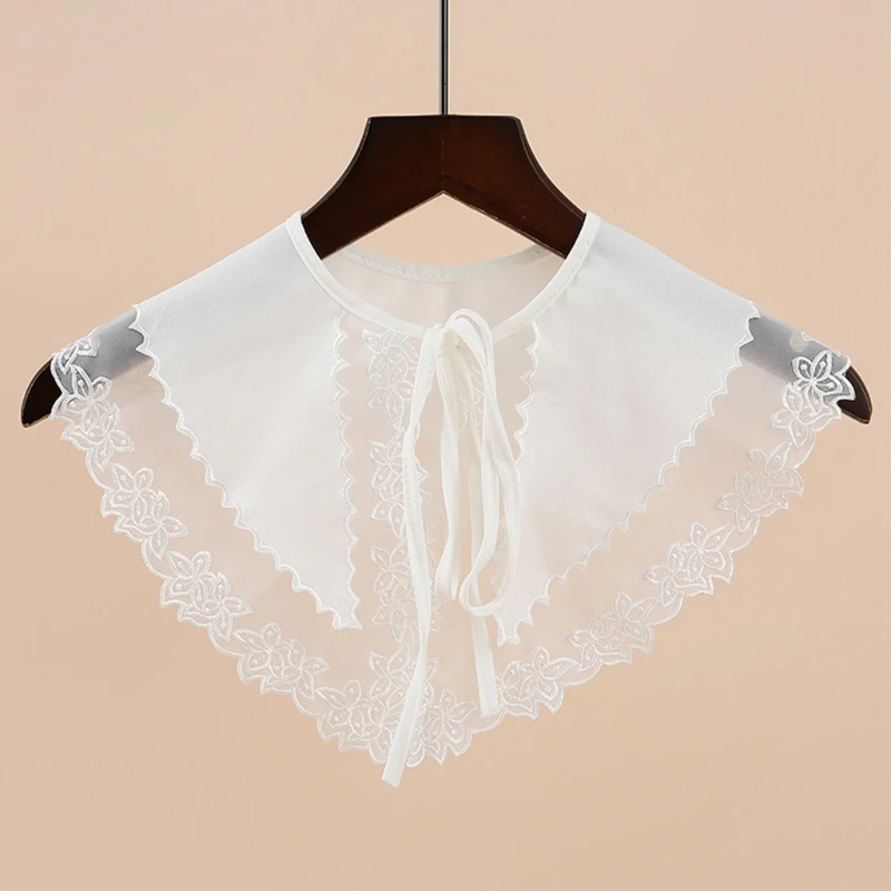 

Women Sheer Organza Splicing Fake Collar Shawl Korean Style Embroidery Floral Necklace Scarf Detachable White Capelet
