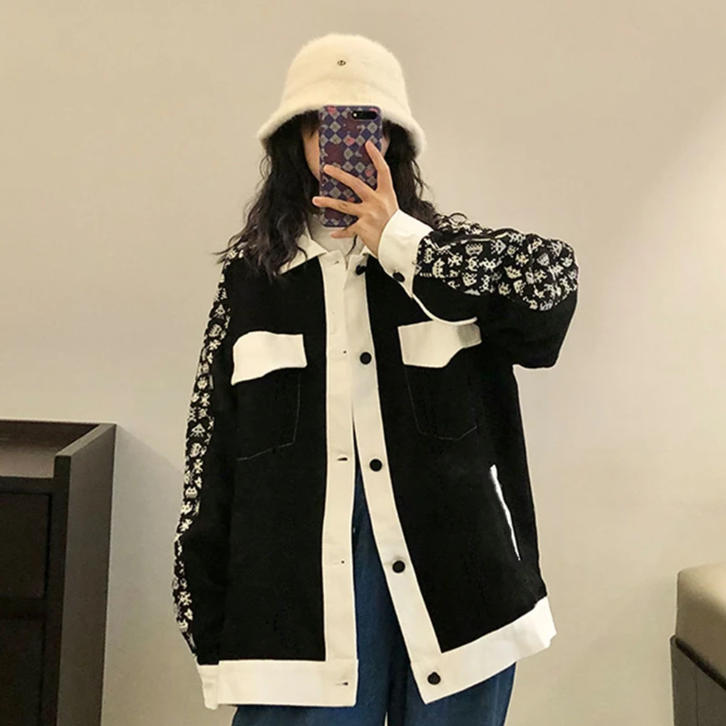 Женская куртка в стиле пэчворк универсальное Свободное пальто с принтом и