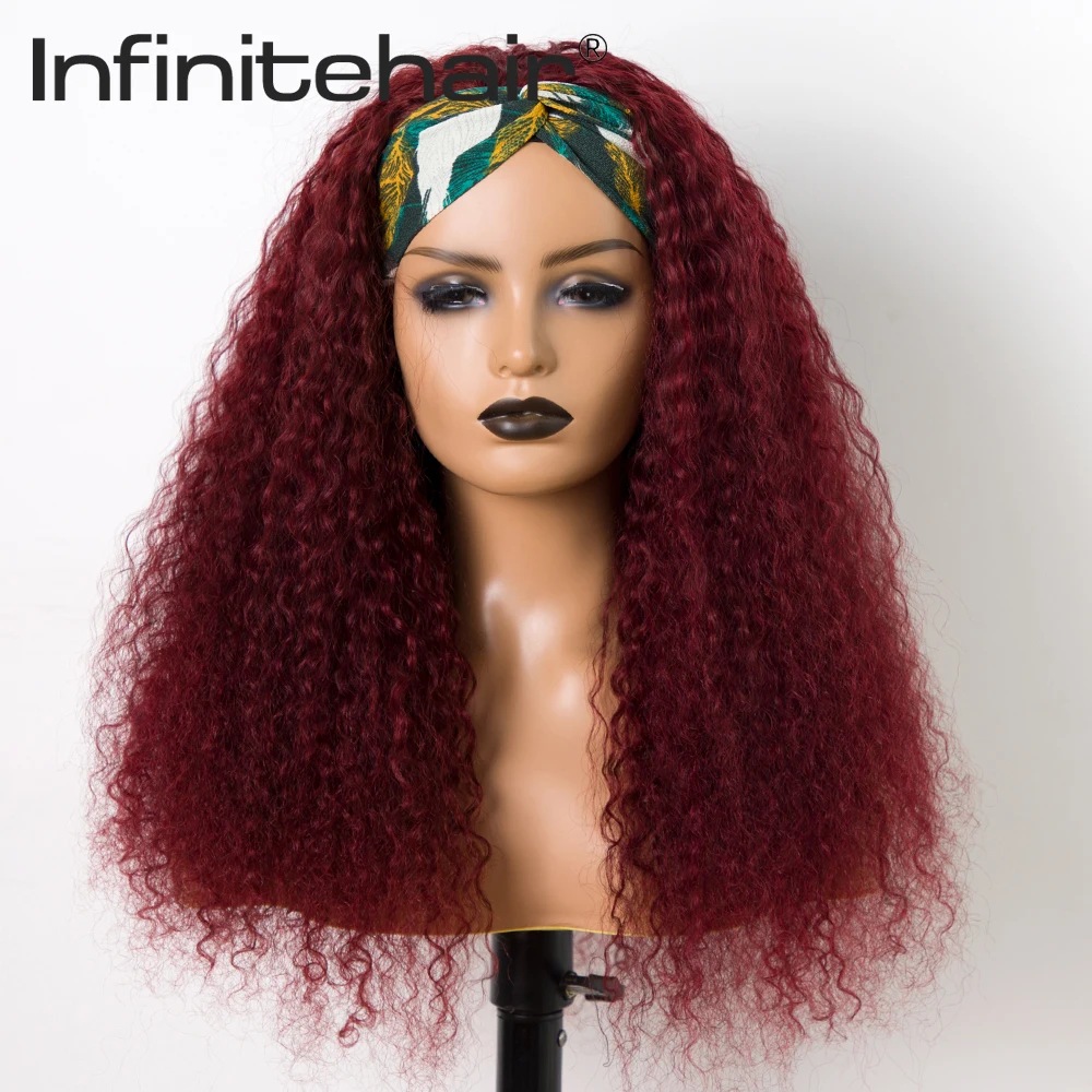 Brazilian Burgundy Curly Headband Glueless Scarf Remy Human Hair Wigs Full Machine Made Wig for Black Women Beginner Friendly