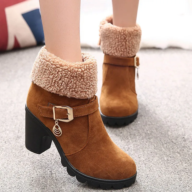 

Ladies Autumn and Winter High Quality Women's Lace-up Boots Fashion Shoes Leather Thick Heel High Heels Cuffed Ankle Boots