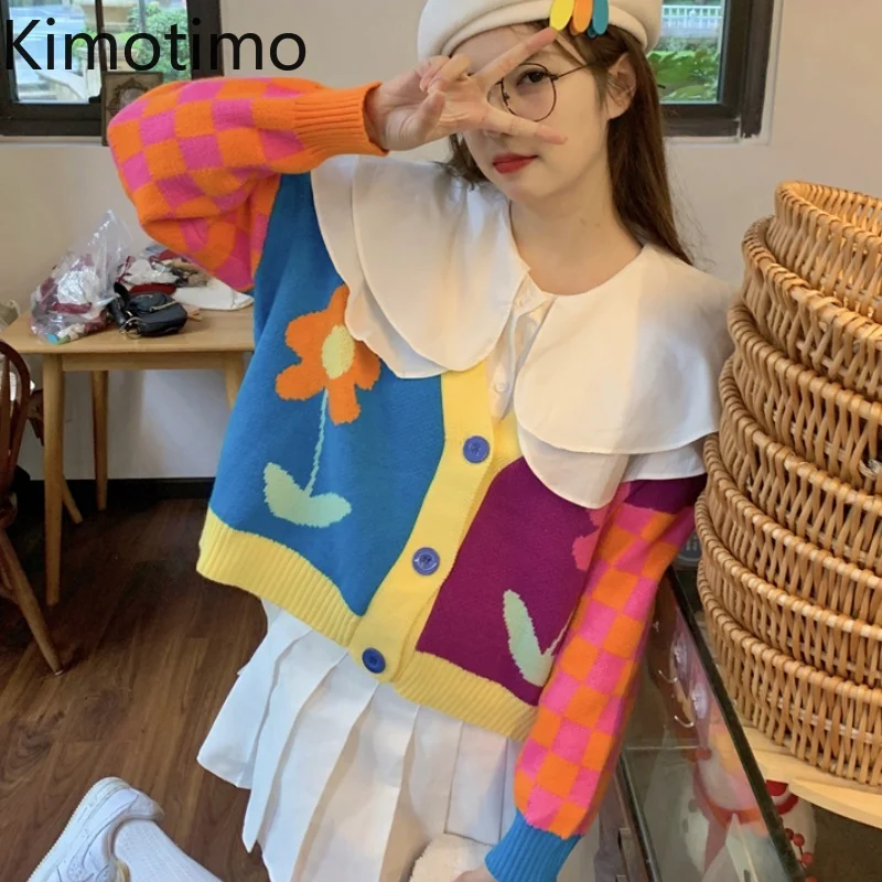 

Kimotimo свитер с цветами женский корейский шикарный Милый трикотажный кардиган контрастной расцветки с V-образным вырезом осенне-зимние дизай...