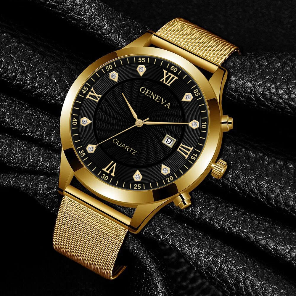 

Geneva Korean Personality Inlaid Men's Alloy Mesh Strap Watch Roman Numeral Scale Quartz Watch Men Relogio Masculino