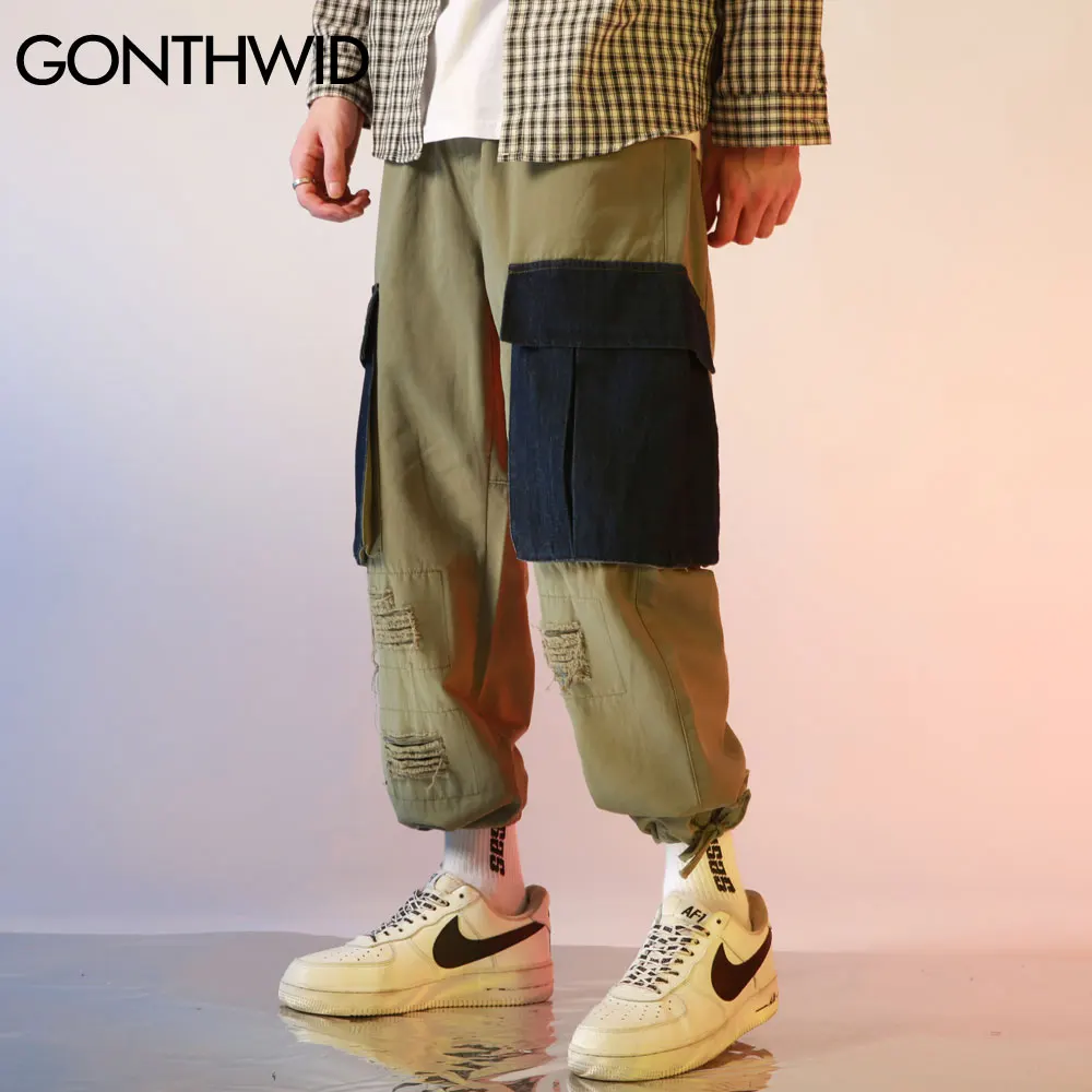 Брюки GONTHWID мужские рваные в стиле пэчворк потертые штаны карго с отверстиями