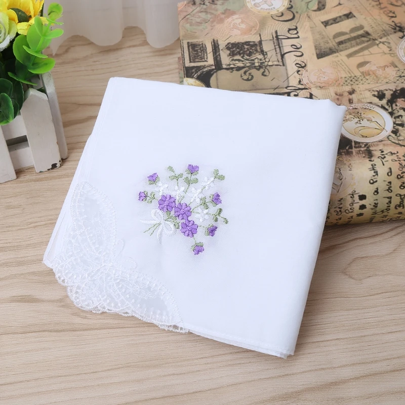

6 Pcs Vintage Cotton Ladies Embroidered Lace Handkerchief Women Floral Hanky