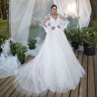 thinyfull new arrival a line lace up wedding dresses v neck long puffy sleeve bride dresses tulle lace appliques bridal gown