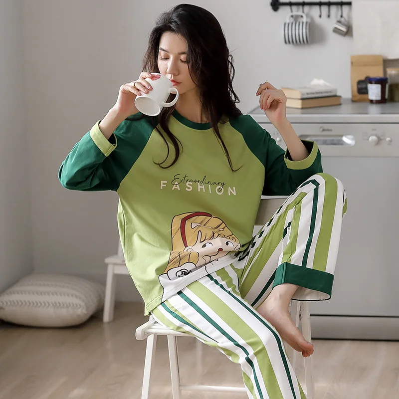 Осенний теплый женский пижамный комплект пижама из чистого хлопка зеленый