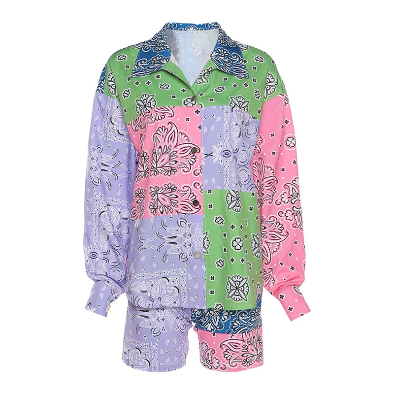 

Womens Outfit Shorts Sets LongSleeve Lapel Shirt Sets Fashion Single-breasted Shirts 2 Piece Sets Printing high waist Shorts Set