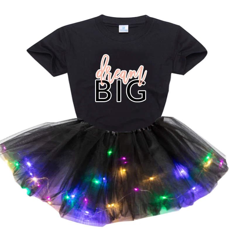 

Girls Dress set Summer kids Baby Clothes Cotton tutu dress Shiny party T-Shirt+Dress Children Dress Suits letter big dream dress