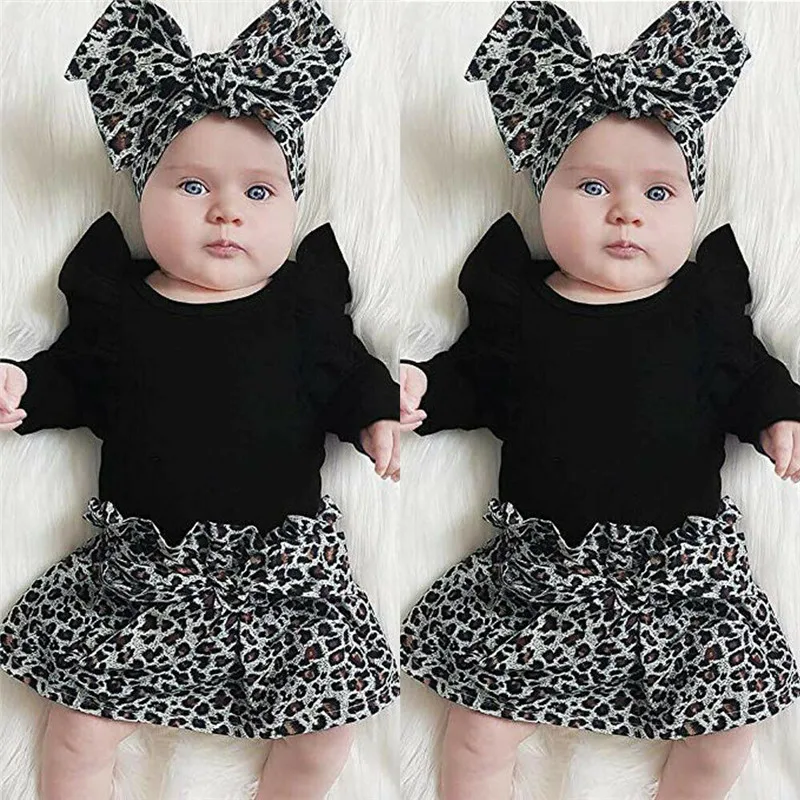 

Fashion Baby Girls Cotton Clothes Casual Newborn Baby Girl Long Sleeve Ruffle Romper Leopard Print Skirt Headband 3Pcs Outfits